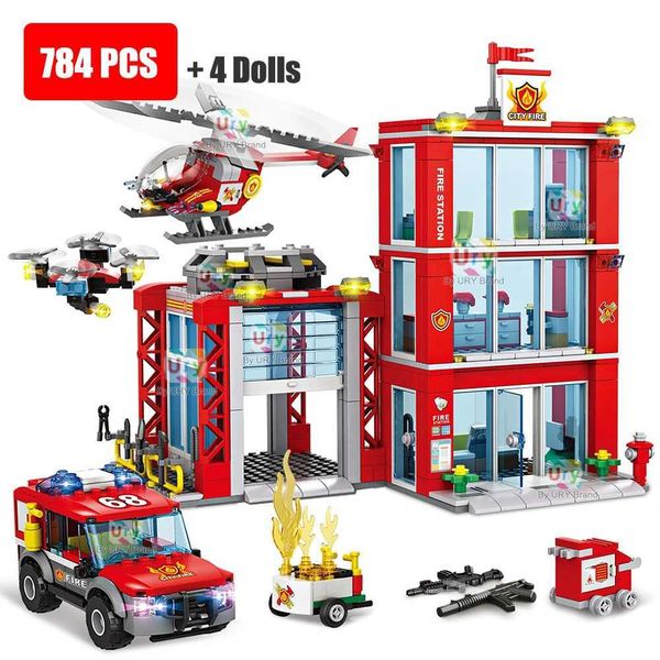 Ci Fire Station Ladder Truck Helicopter Car Rescue Boat Firefighter Figure Aircraft Model Moc Building Blocks Toy for Boy Gift Z241208