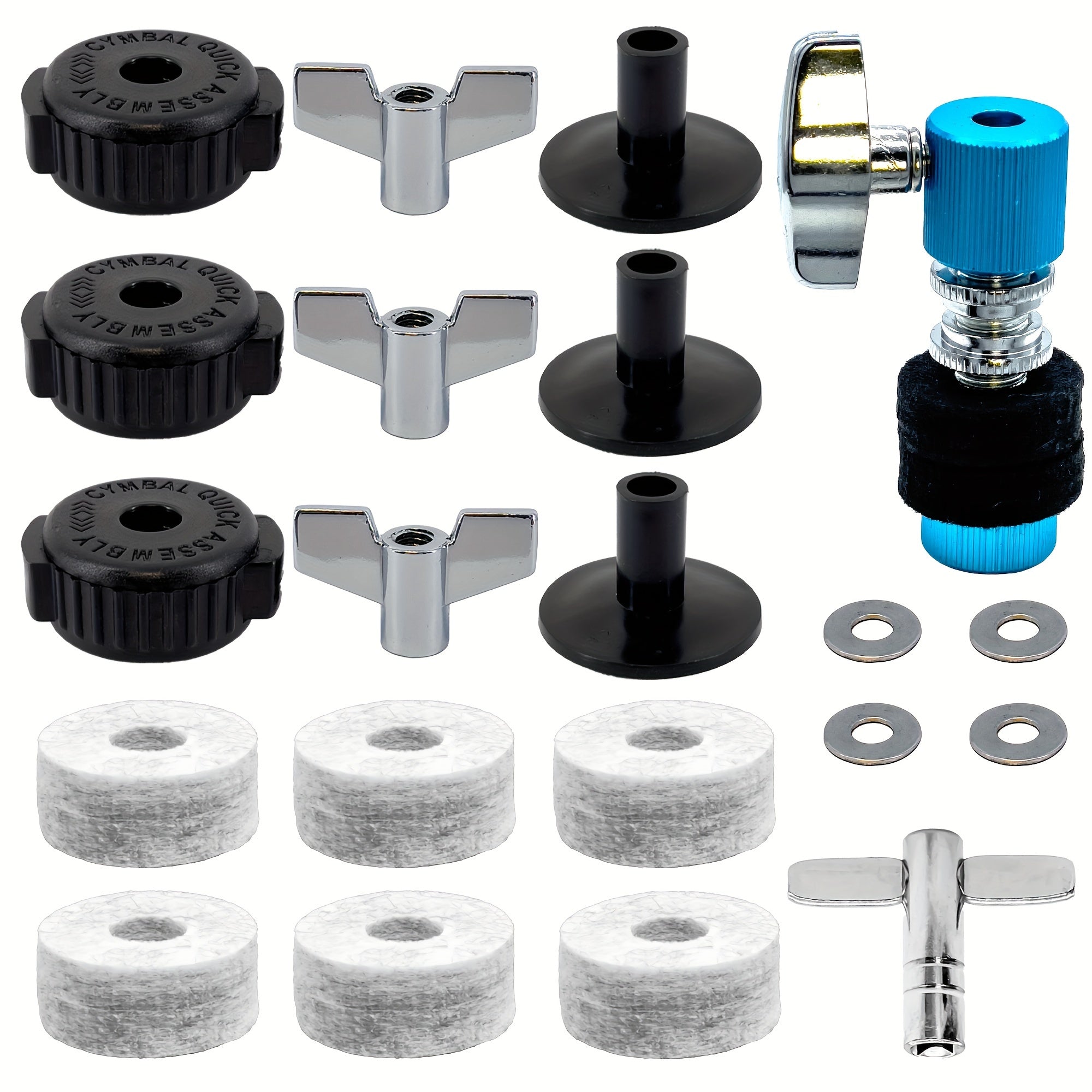 TEMU Standard Cymbal Replacement Accessories Set 21pcs - Clutch, Cymbal , Sleeves, Wing Nuts, Quick Release Nuts, Drum Key & Washers For Drum Set