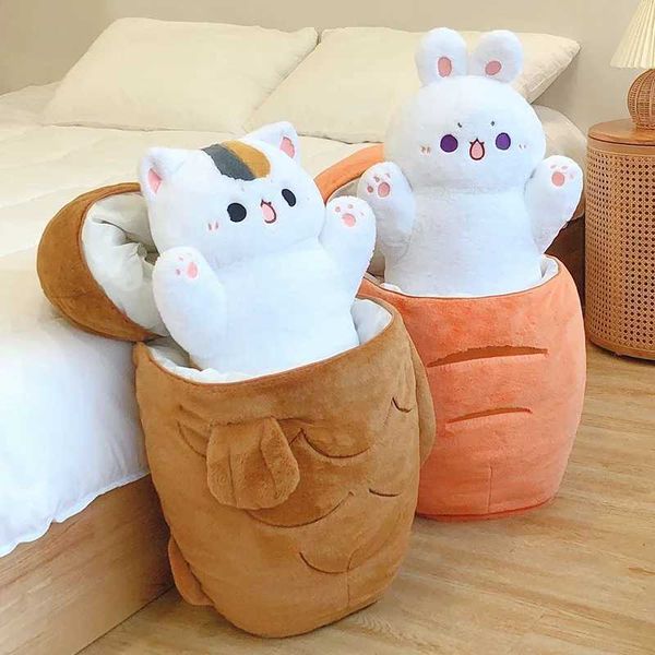 Plush Dolls Kawaii Taiyaki Cat Plush Toy Rabbit Hiding in Carrot Furry Cartoon Animals Plush Throw Pillow Christmas Gift For Kids Girl z2412