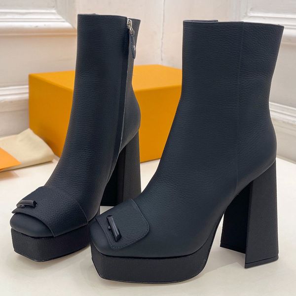 Shake Platform Ankle Boot 1ADAXF Womens Designer Boots autumn winter boot Mat grained calf leather Side zip Black block heel Elegant High he
