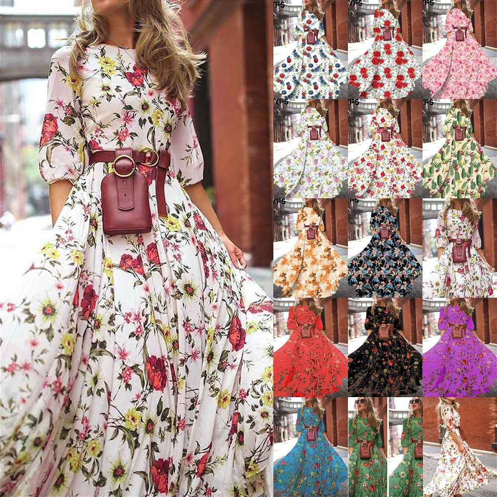 572 Spring European and American foreign trade new digital printing big swing dress holiday style long dress women&#039;s summer