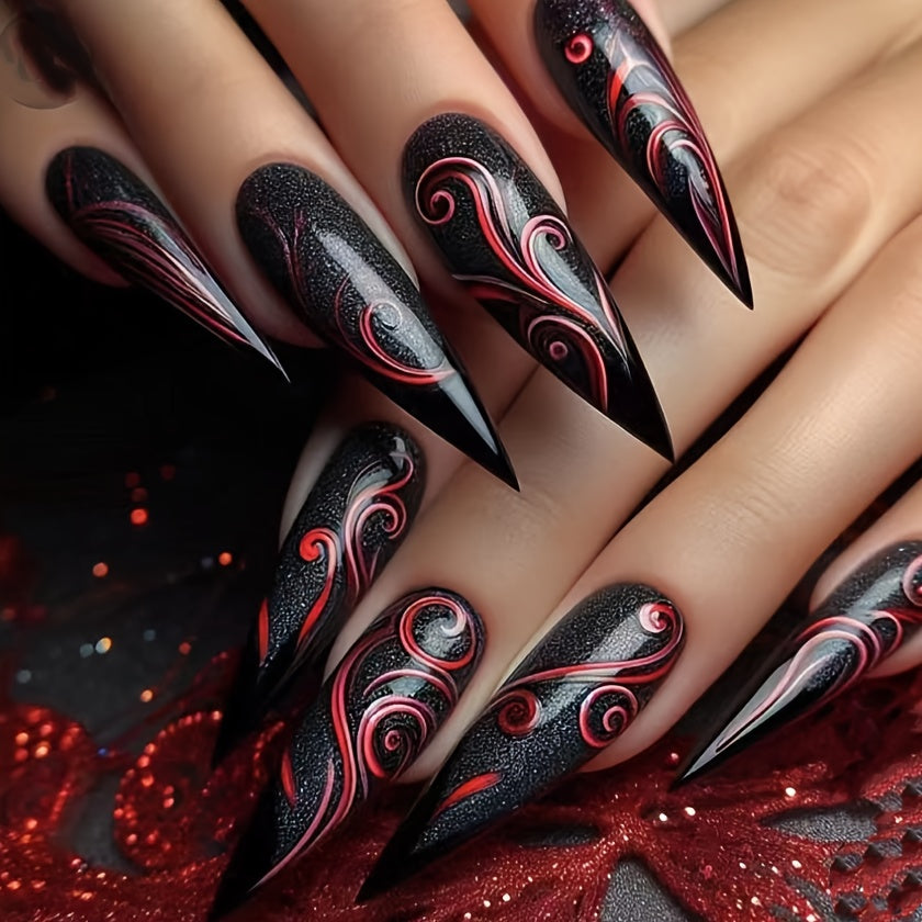 TEMU Women's Long Stiletto Press-on Nails - Glossy False Nails With Marbled Swirl & Stripe , Pointed Tip Elegant Manicure Set For Parties, Weddings,