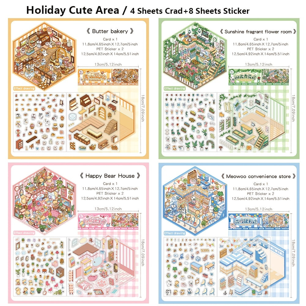 TEMU 4 Pack Cute Cartoon 3d Landscaping Scrapbooking Stickers Set 8 Sheets Pet Sticker And 4 Differnent Scenes Material Aesthetic Stickers Diy Craft
