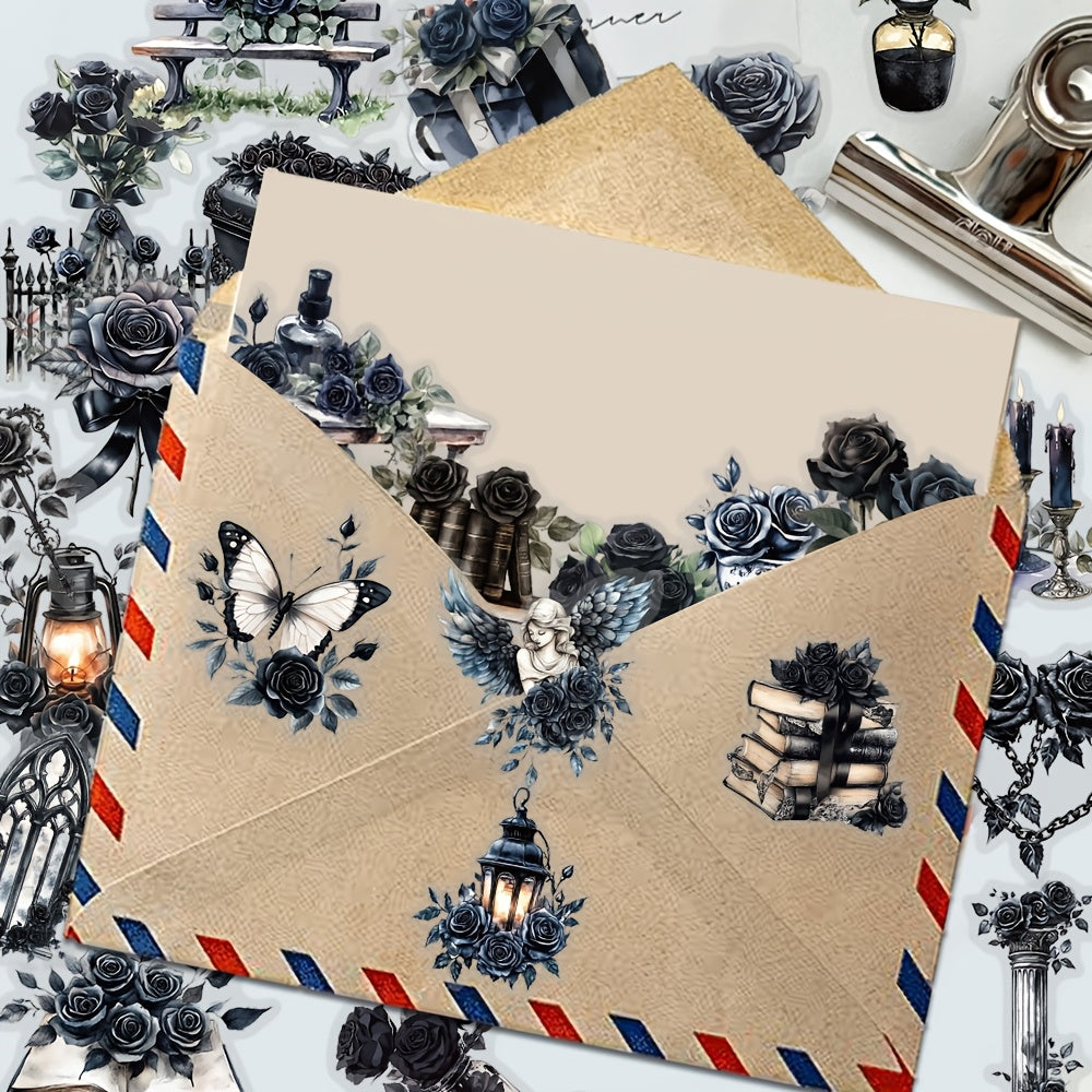 TEMU 50pcs Ywwbld Dark Gothic Rose Pet Stickers - Vintage Floral Decals With Black Roses, Lace & Lanterns, Matte Self-adhesive Irregular Shapes For