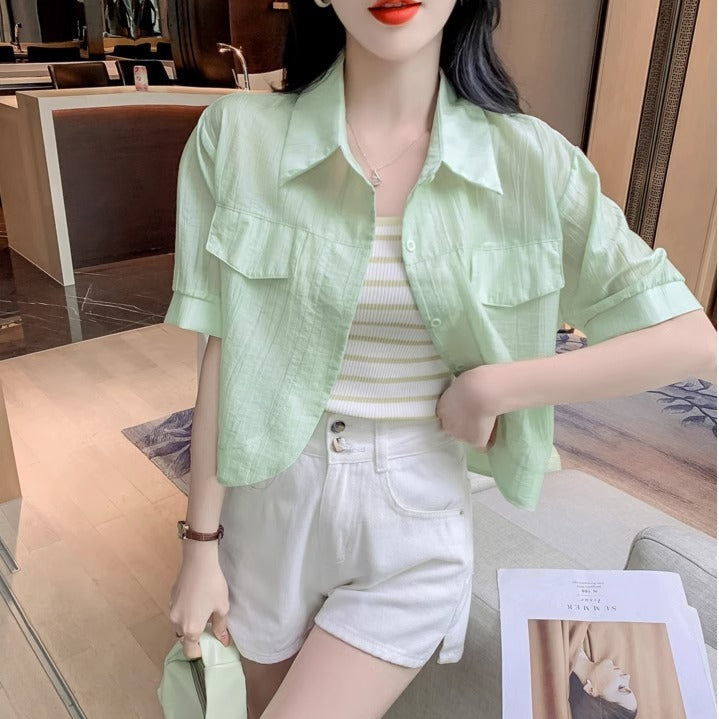 K1217 Chiffon polo collar short-sleeved short shirt sun protection clothing women&#039;s summer outerwear small shawl new cardigan top thin jacket