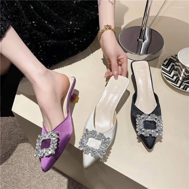 Slippers Women&#039;s Shoes Mules High Heels Fashion Wedding Pump Women Rhinestone Pointed Toe Sandals Ladies Zapatos Mujer