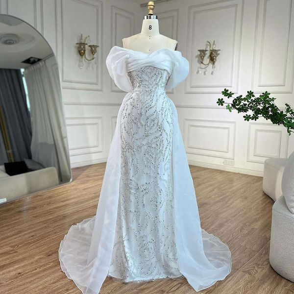Arabic Serene Hill White Beaded Mermaid With Overskirt Evening Dresses Gowns 2024 La72398 Customized
