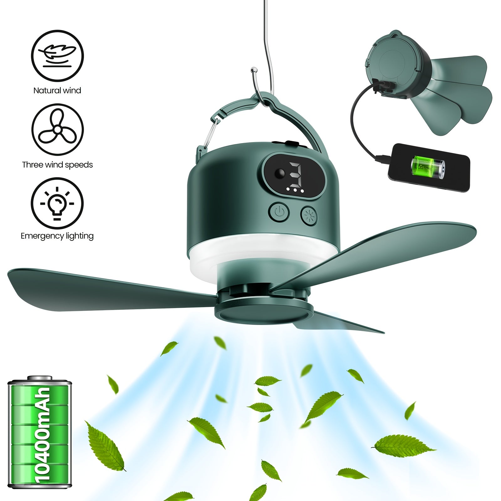 TEMU 10400mah Portable Outdoor Camping Fan With Remote Control, 4-speed & Dual Usb Charging (phone-tablet) - Rechargeable Mini Ceiling Fan For Tent,