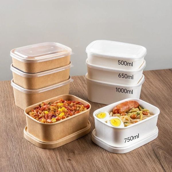50PCS Food Grade Kraft Paper Disposable Square Box Thickened Camping Fruit Bento Lunch Boxes Salad Cake Takeaway Packaging Bowl 241212