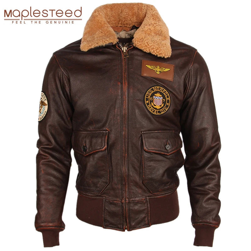 Vintage Distressed Men Quilted Fur Collar 100% Calfskin Flight Men&#039;s Leather Jacket Man Winter Coat M253