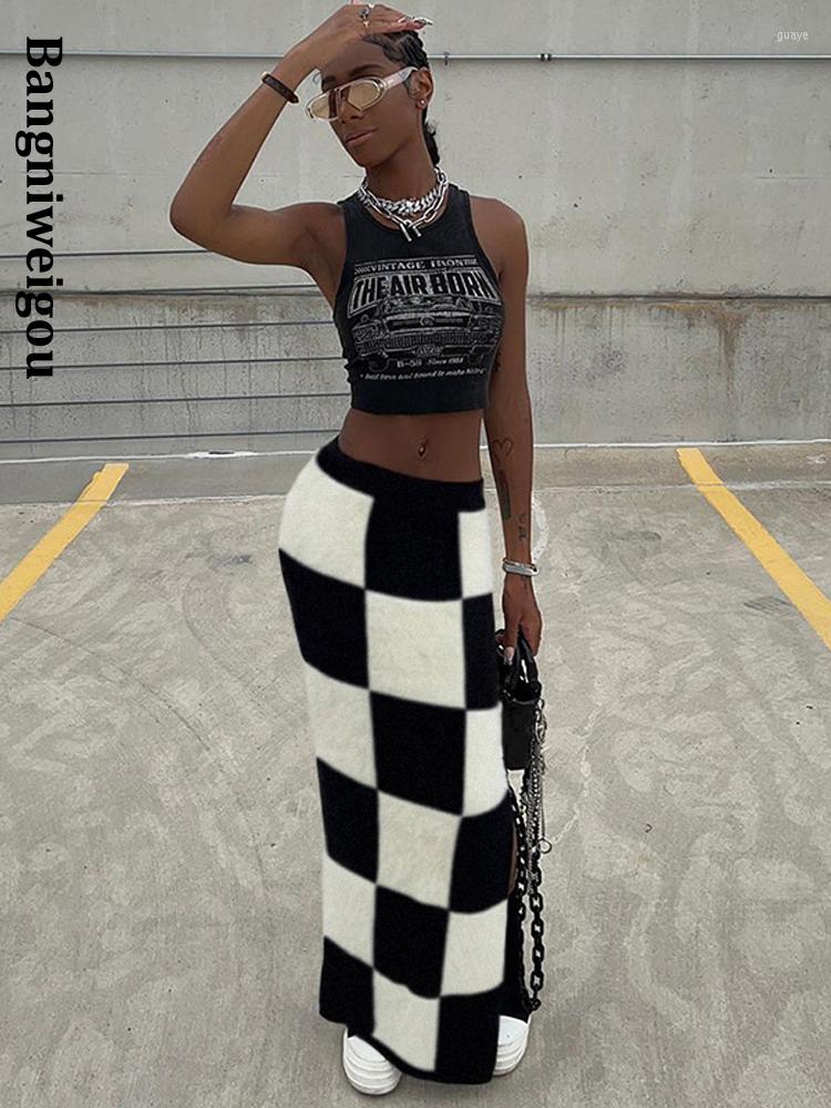 Skirts Bangniweigou Slit Knit Checkerboard Plaid Skirt Women Fashion Street High Waist Black And White Thick Clothes Long Jupe Winter