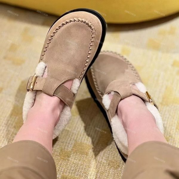 Designers Dress shoes for womens Top quality Frosted cowhide wool Loafers classics buckle flat Heels EUR35-EUR41 Warm comfortable slipper Ca