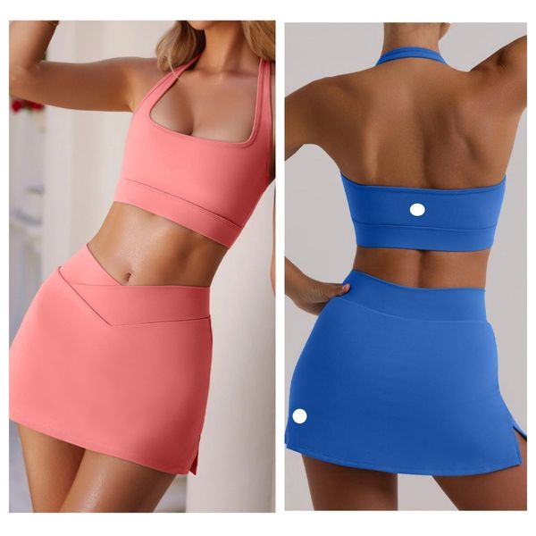 2025-Women Women Yoga Sports Sport Bra Female Solid Color Solic High Tennis Skirt Gym Pilates Yoga Conjuntos de ioga