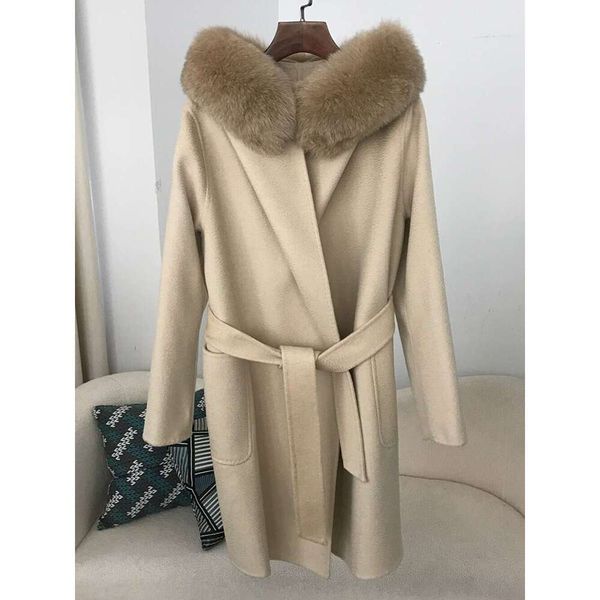 2024 New Fashion Real Coat Spring Winter Jacket Women Natural Fox Fur Collar Hooded Belt Pocket Loose Outerwear Sweater