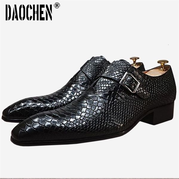 Men&#039;s Dress Snake Prints Formal Casual Black Brown Monk Loafers Office Wedding Leather Shoes Men 230509