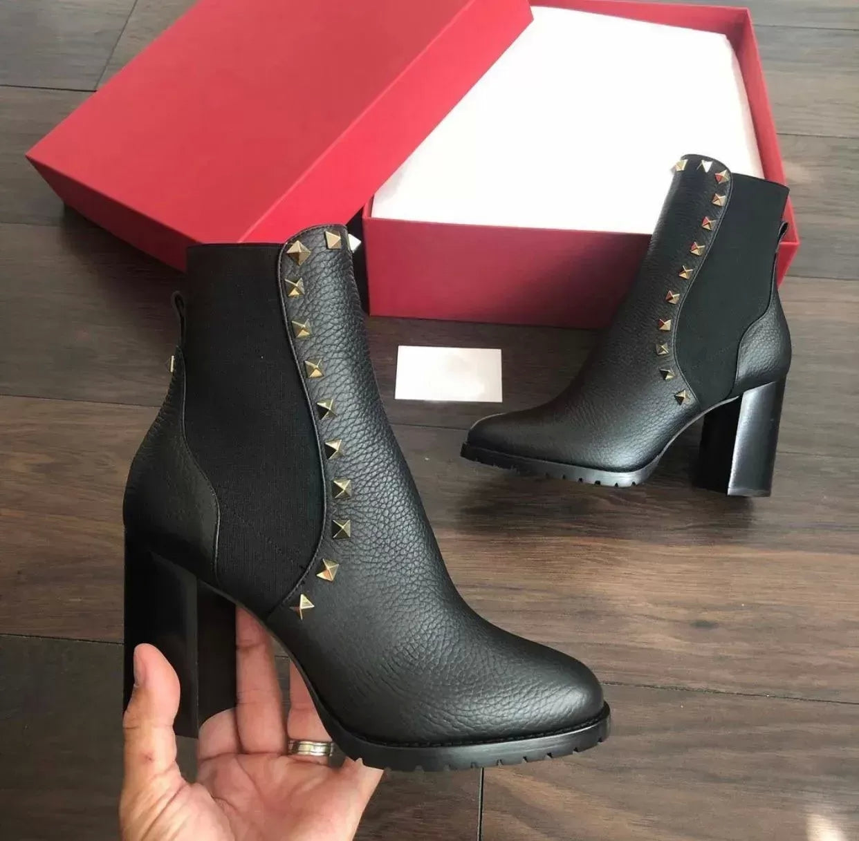 winter Designer Stud Ankle Boots Women Black Wine-red Grainy Leather Chunky Sole Martin Booties Lady High Heel Party Dress Red Designer Motorcycle B