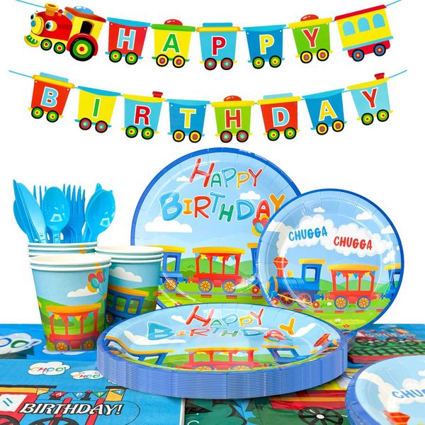 Train Birthday Party Supplies 128pcs Decorations Tableware Set Train Plates and Cups Napkins Banner Tablecloth etc Y250118