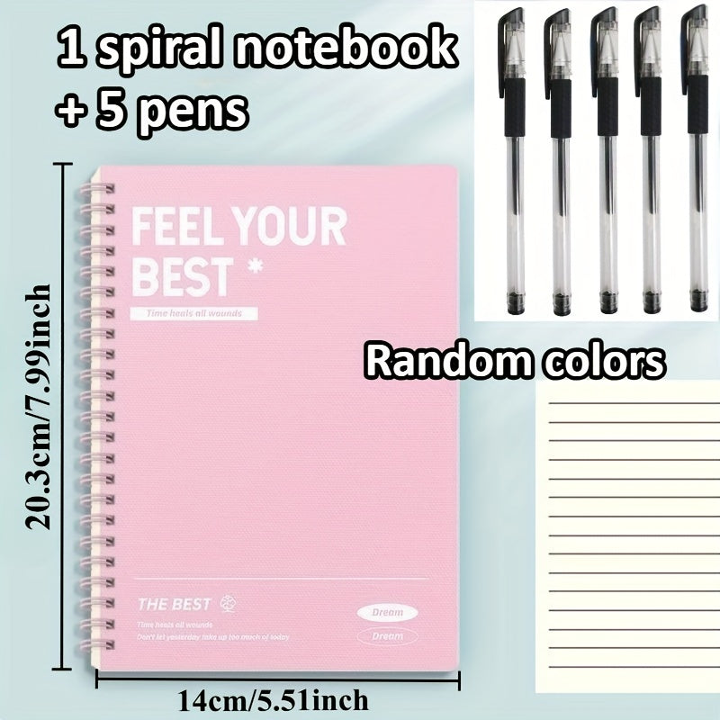TEMU 6pcs Set, Includes 1 Spiral Notebook + 5 Pens, Minimalist Pastel A5 Notebook With Hardcover, Tear-off Pages And Lined-ruled Sections, Durable