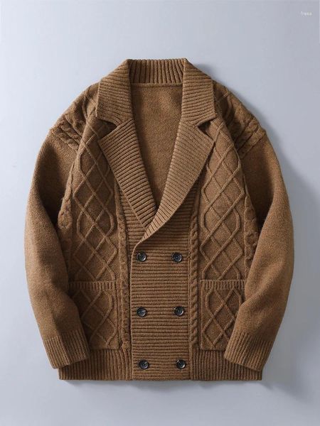 Men&#039;s Knit Cardigan Coat: 2024 Autumn Winter Double-Breasted Lapel Sweater Jacket, Long Sleeve Solid Color Outerwear For Men