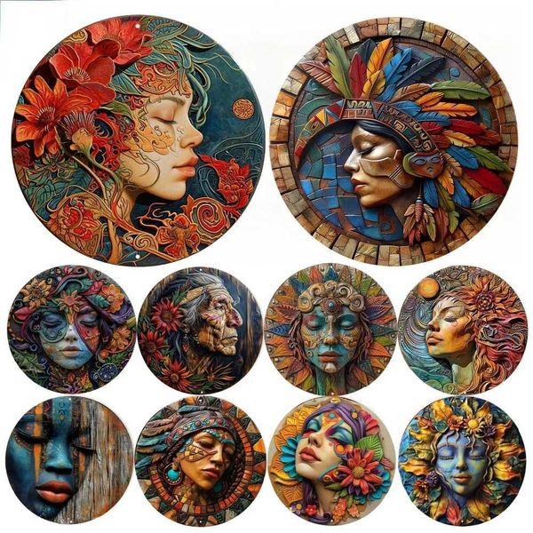 Round Metal Aluminum Sign Art Painting Wreath Decorative Plates Entrance Decor Gift Mask Theme For Bar Club Home Room Wall DecorXJ241010