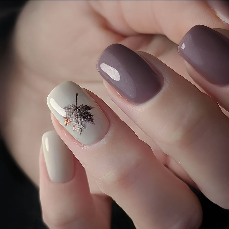 TEMU 24pcs Premium Glitter Maple Leaf Autumn Thanksgiving Glossy Square Brown Gray White Short Solid -on Nails With Jelly Adhesive & Nail File For
