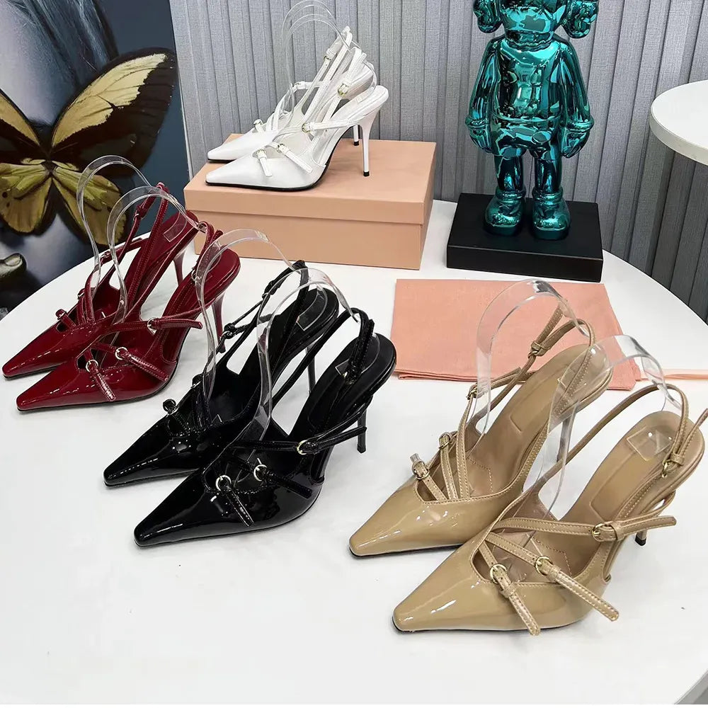 Designer Slingbacks Sandals Women Pointed Toe Flat Stiletto Heels Fashion Party Luxury Designer Women Evening Dress Strap Burgundy Shoes factory sho