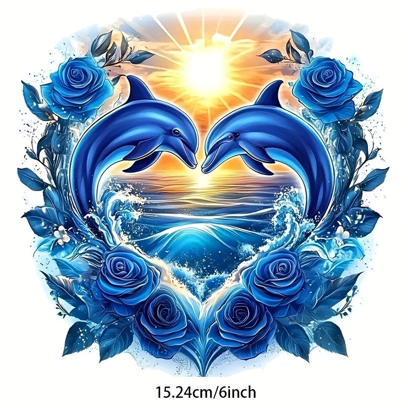 TEMU 6-inch Dolphin & Rose Ocean Waves Sunshine Heart Vinyl Decal - With , Self-adhesive For Cars, Laptops, Windows, Walls - Smooth, Single-use On