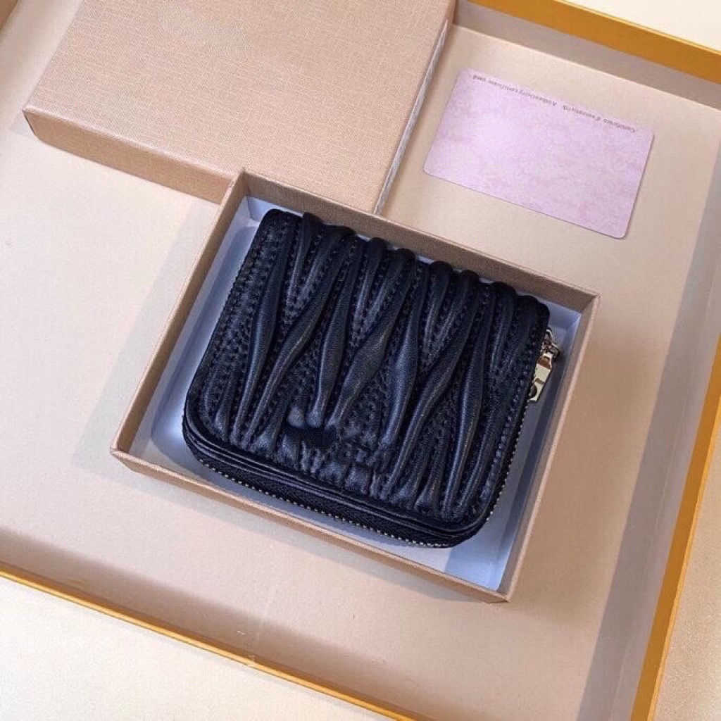 Luxury Designer change purse metal money clip Handbag Sheepskin Pleated Women&#039;s Card Short High-beauty Wallet Versatile Fashion Leather Simple