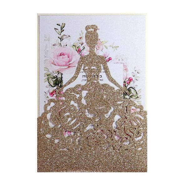 Greeting Cards 50Pcs Laser Cut Elegant Bride Roses Wedding Invitation Card Cover Supply Glitter Paper Cards Birthday Party Decorations Favor