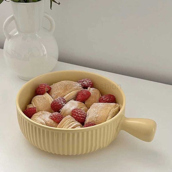 Ceramic Bowl with Handle Korean Style Ins Round Solid Color Food Container Dessert Cake Bread Microwave Heating BowlsB270723