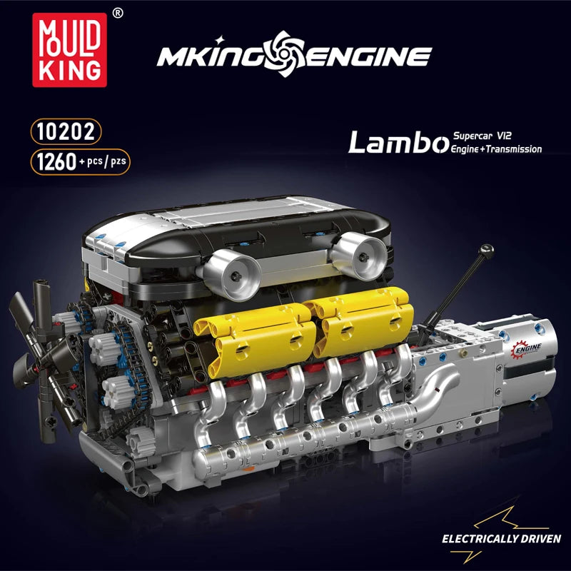 The Motorized Supercar V12 Engine + Transmission Building Block Mould King 10202 Car Engine Parts Education Assembly Toys Brick Kids Gifts