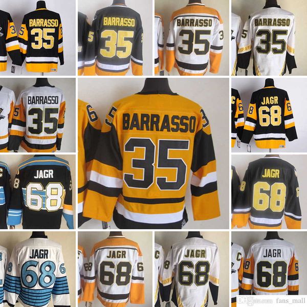 Movie CCM Vintage Ice Hockey 35 Tom Barrasso Jerseys 68 Jaromir Jagr Men Embroidery Jersey White Black Yellow