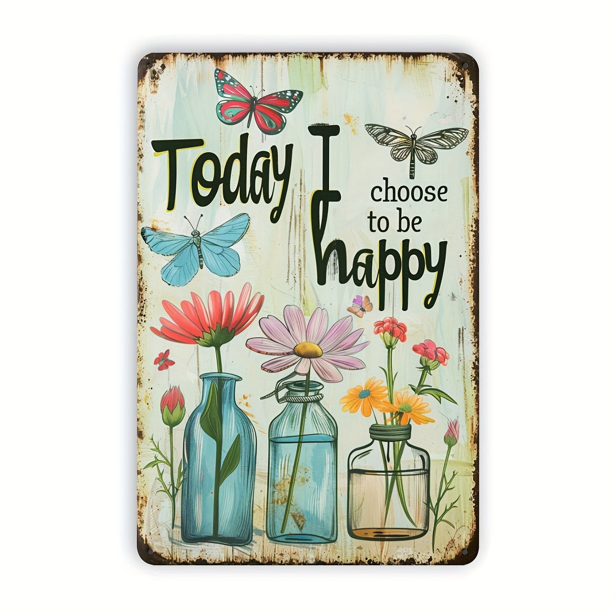 TEMU 2d Flat, Vintage 'today To ' Metal Tin Sign - 8x12 Inch Inspirational Wall Art With Floral Vase, Colorful Flowers & Butterflies, Rustic