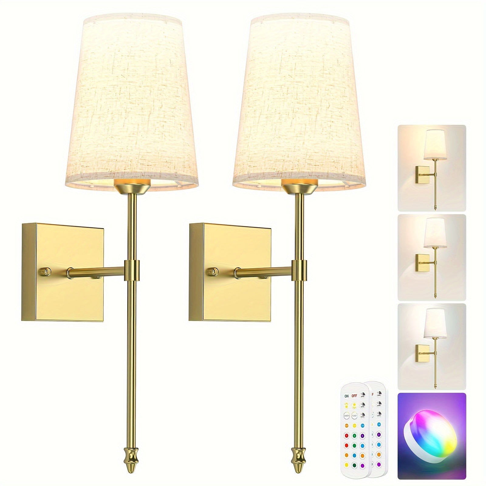 TEMU 2-piece Set, Gold Wall Light For Living Room, Remote Control, Rechargeable, 3000mah, Rgbw 15 Colors, Wall Decor, Bedroom, Decorative Lamp, Night