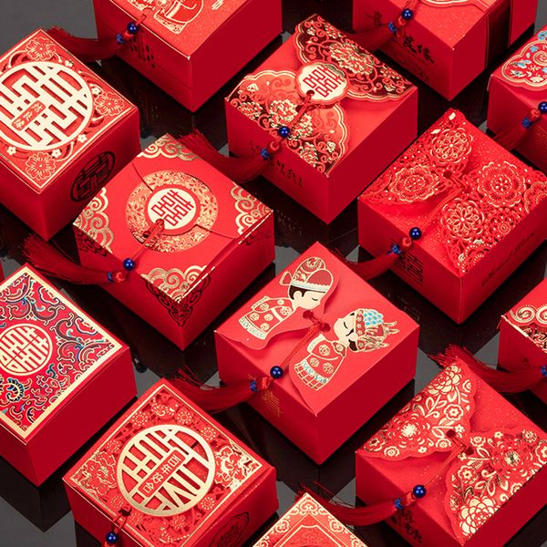Gift Wrap 50pcs Creative red Chinese style Candy Boxes wedding gifts for guests mariage Paper Chocolate packaging box boite gateau mariage 2