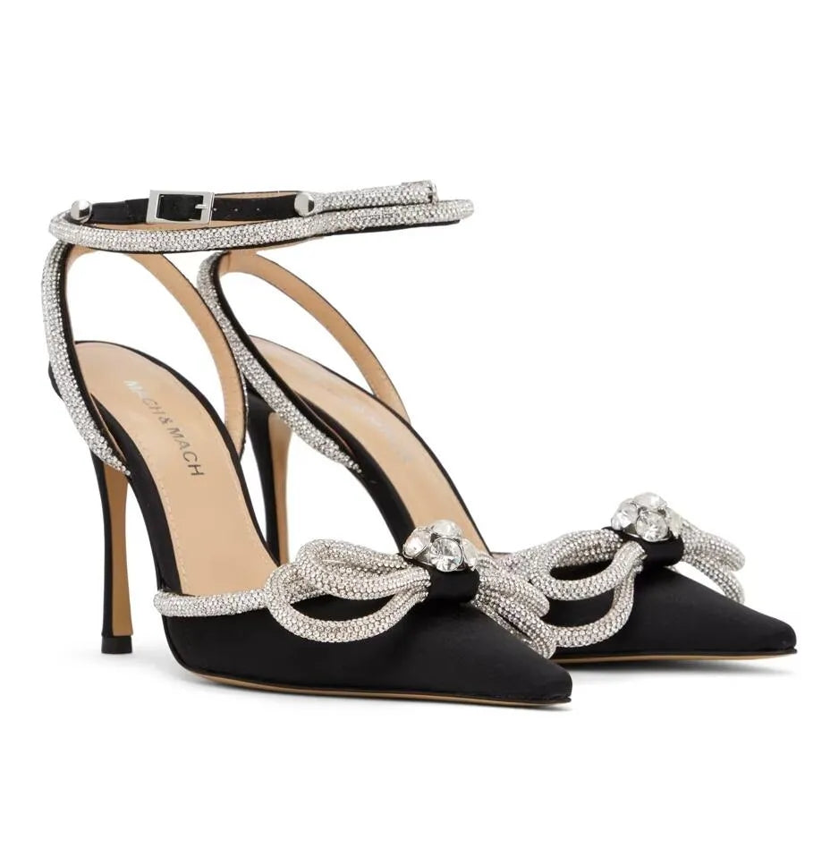 Top Luxury Mach & Mach Women Sandals Shoes Double Bow Satin Crystal-embellished High Heels Silk-satin Point Toe Pumps Party Wedding Gladiator Sandal
