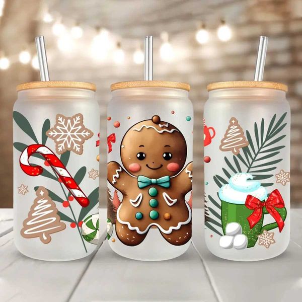 Merry Christmas Gingerbread UV DTF Transfer Sticker Libbey 16oz Glass Cups Wraps Coffee Mug Decals Xmas Party Home DecorationsXJ241114