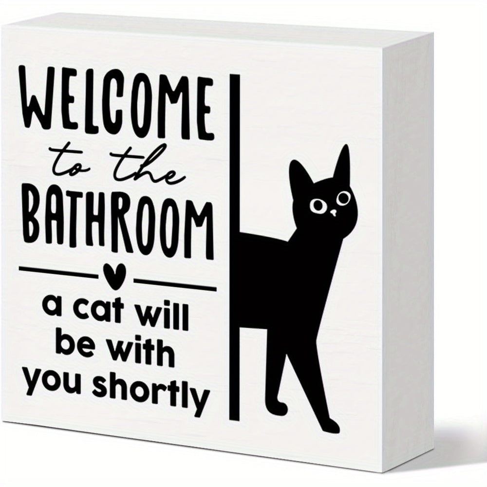 TEMU Funny Bathroom Decor - Welcome To The Bathroom Sign With Black Cat Design - Wooden Box Decoration - "a Cat " - 5x5 Inch Tabletop Shelf Decor -