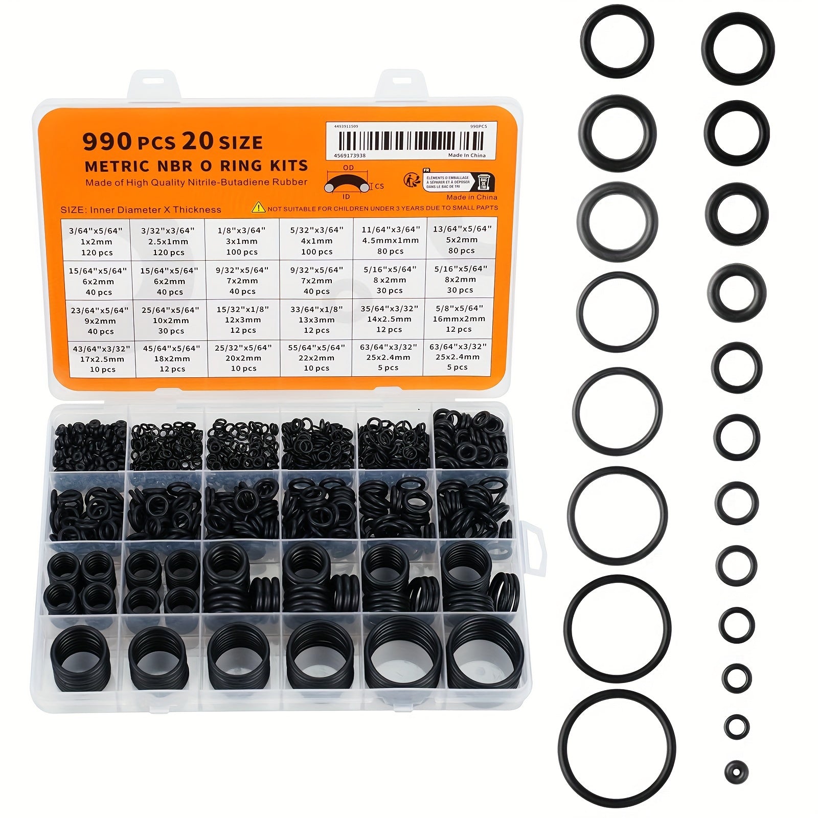 TEMU 1 Set Of 990 Nitrile -ring Kits, Hardness 70a, Round -sections, Synthetic Rubber Gasket Combination, In 20 Sizes For High-pressure Washers And