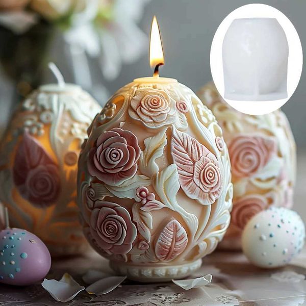 Candles 3D 2024 DIY Flower Relief Egg Candle Silicone Rose Easter Egg Resin Mold Peony Flower Egg Decoration Gypsy Model CL241223