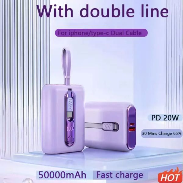 Mini 22.5W Power Bank Fast Charging Powerbank With Type-C For iPhone Cable 50000mAh PD QC3.0 Charger For Samsung Xiaomi