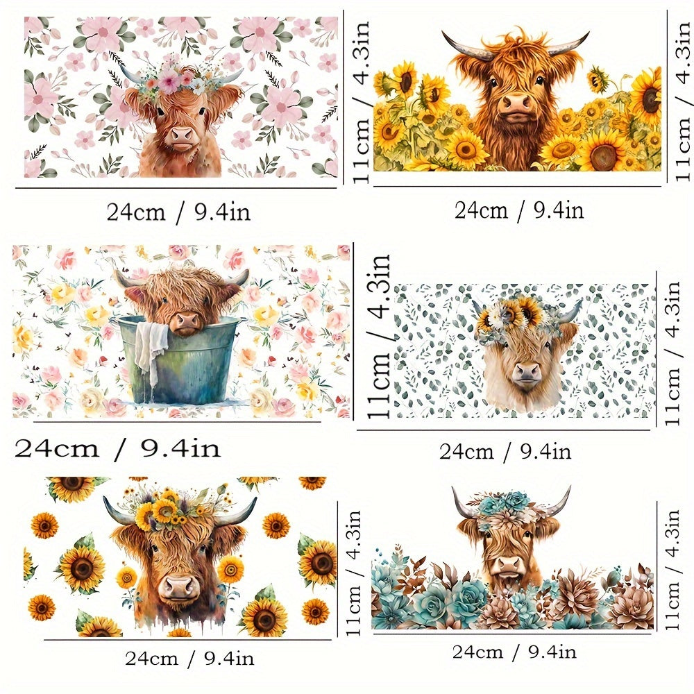 TEMU 6pcs-set Highland Cow Uv Dtf Cup Wraps Printing Waterproof Self-adhesive Stickers Dtf Transfer Sticker For 16 Oz Glass Can Wrap, 3d Waterproof