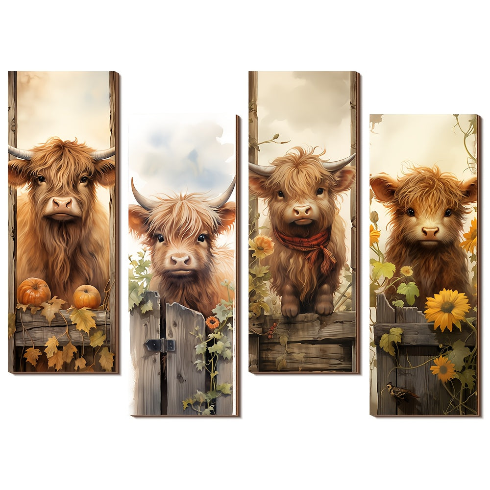 TEMU 4pcs Rustic Highland Cow Wall Decor, Vintage Style Wooden Wall Hanging, Country Farmhouse , Valentine's Day Gift, Apartment, Hotel, Bedroom,