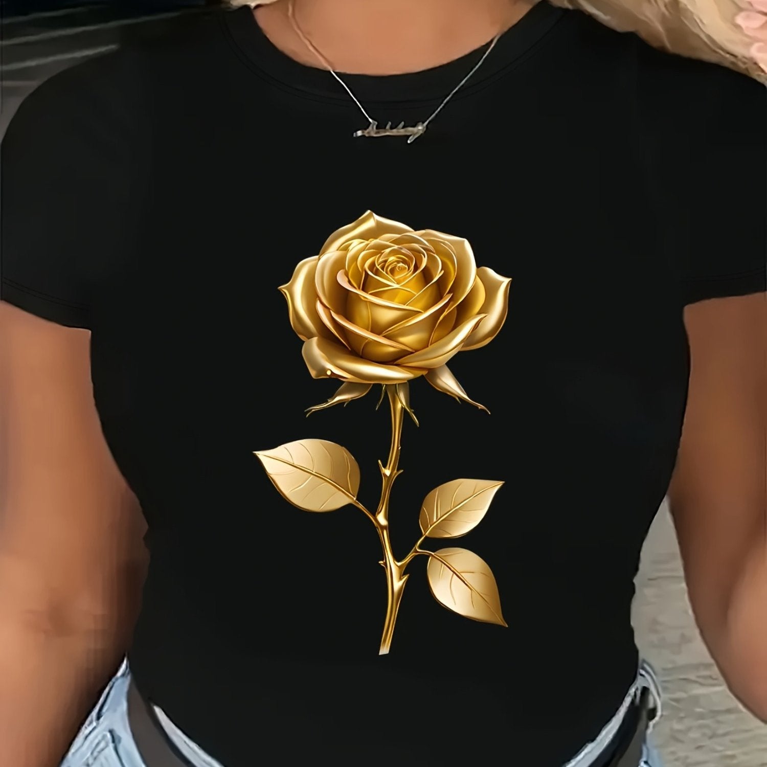 TEMU Women's Plus-size Golden Rose Graphic Tee - Vibrant Yellow Short Sleeve Casual Round Neck T-shirt, Machine Washable & Dry , Fit Blouse, Casual