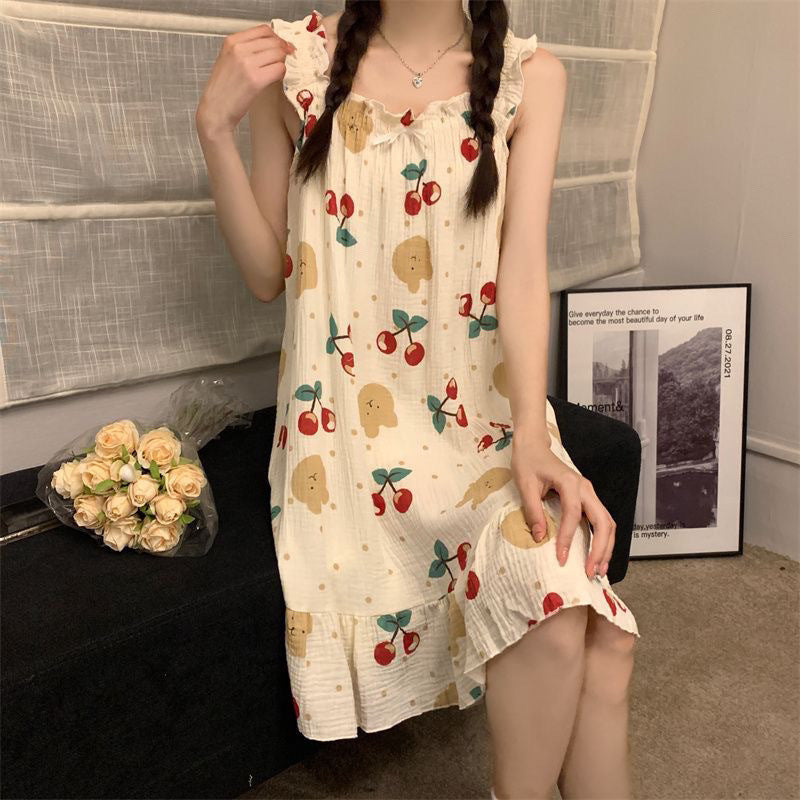 089 sweet suspender pajamas female summer baby cotton nightdress plus fat plus size loose long skirt
