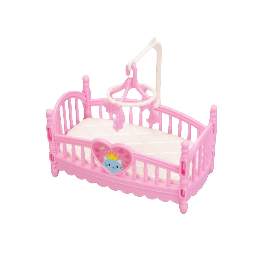 TEMU Pink Miniature Rocking Cradle With & Cartoon Bear Mobile - Plastic Desktop Decor For Weddings, Love Themed Mini Bedroom Furniture Replica