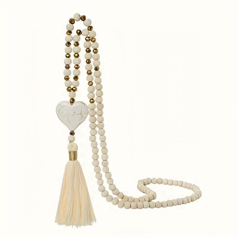 TEMU 1pc Bohemian Style Long Y-shape Women's Necklace - Alloy Beaded Chain With Golden-tone Accents & White Tassel Pendant, Versatile Layered Jewelry