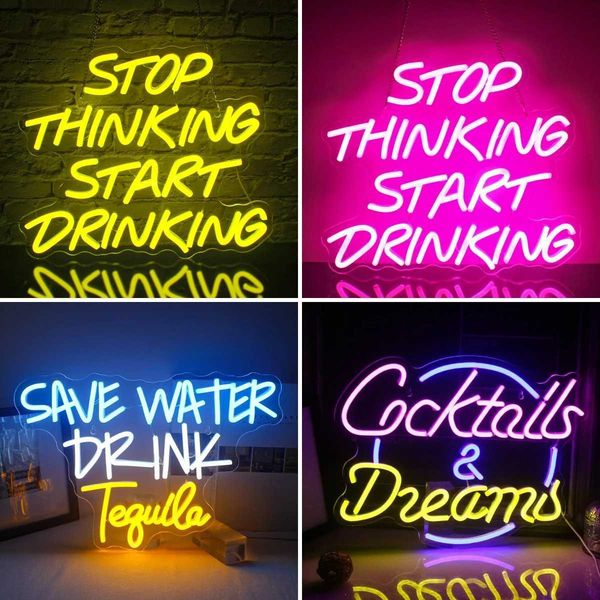 New Arrival Stop thinking and start drinking neon signs LED bright night lights bar rooms home studios hanging wall decorations acrylic pane