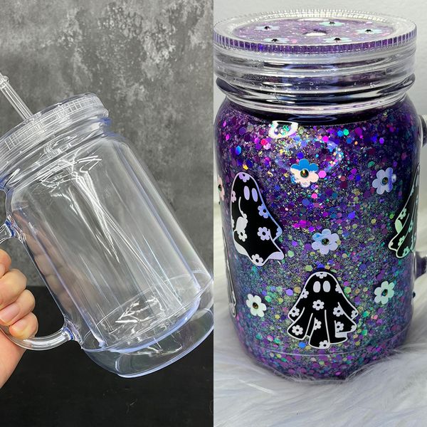 BPA free glitter 20oz double wall snow globe plastic mason jar iced coffee acrylic mugs with handle and straw For rhinestone