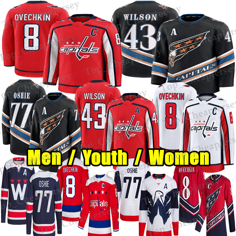 #8 Alex Ovechkin washingtons hockey capital jersey #77 TJ Oshie Dubois Tom WilsonS Logan Thompson Jakob Chychrun Charlie Lindgren Nicklas Backstrom